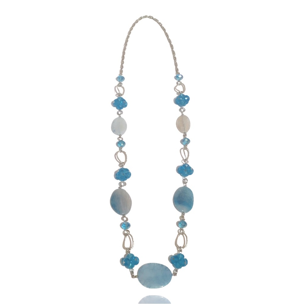 Blue And Antiqued Silver Tone Crystal and Agate Natural Stone Long Necklace